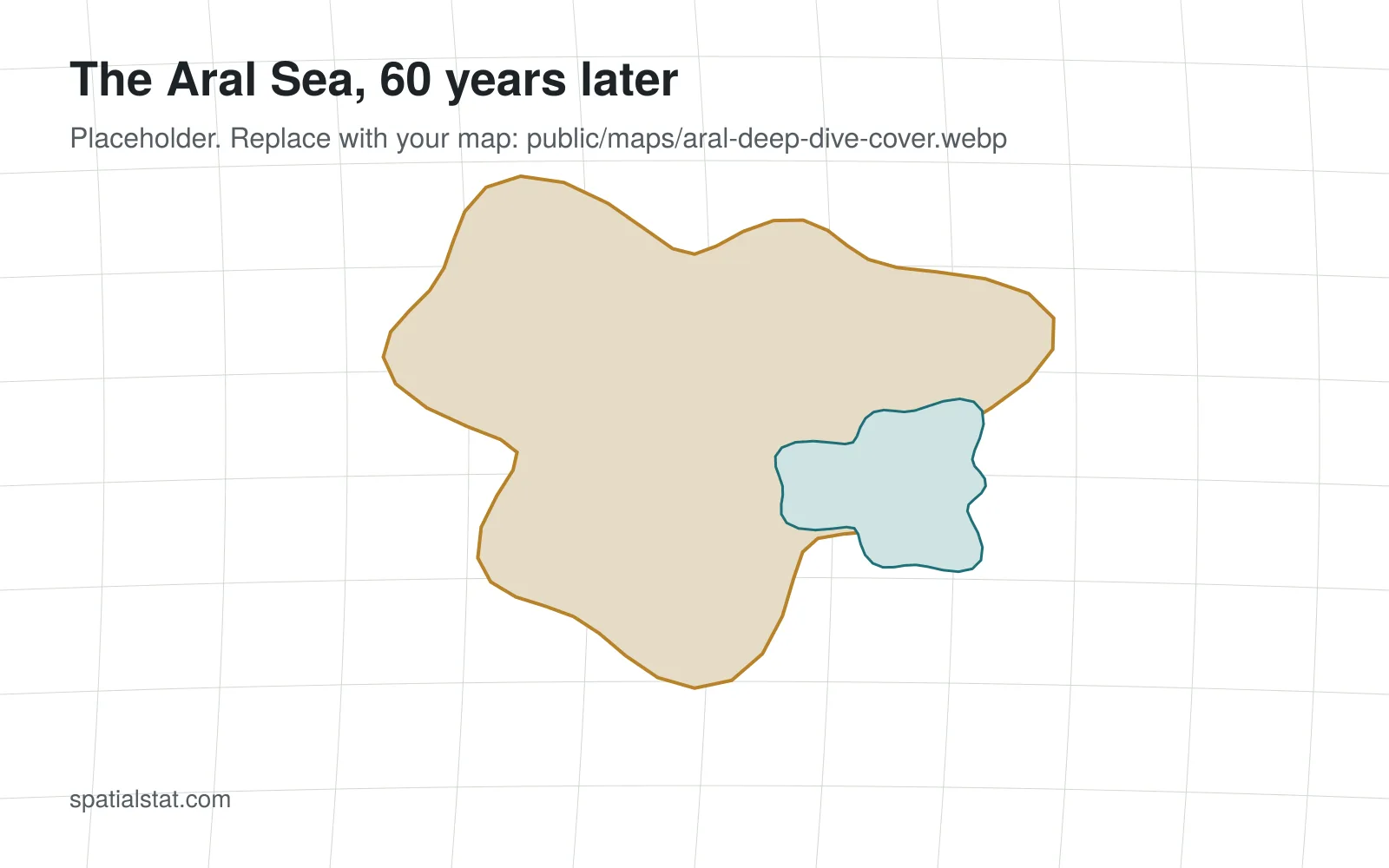 Satellite-based map of the Aral Sea basin with shorelines from several decades.