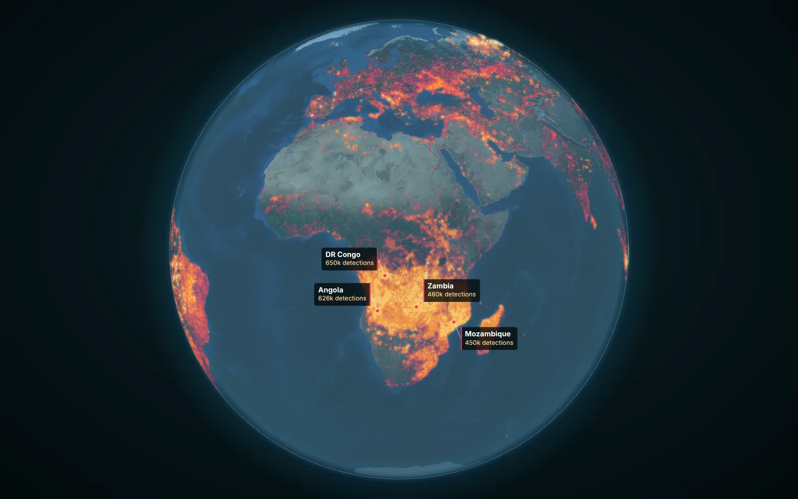 A dark globe with glowing orange and pink points where NASA satellites detected fires over three months, densest across central and southern Africa and in Brazil.
